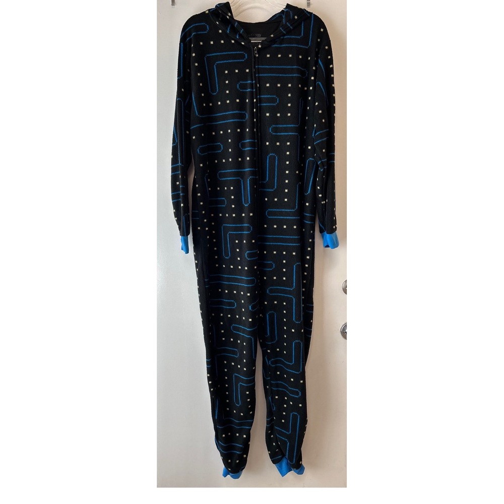 Pac-Man Mens Hooded Union Suit One Piece Pajamas Fleece Black Blue XL Retro Game